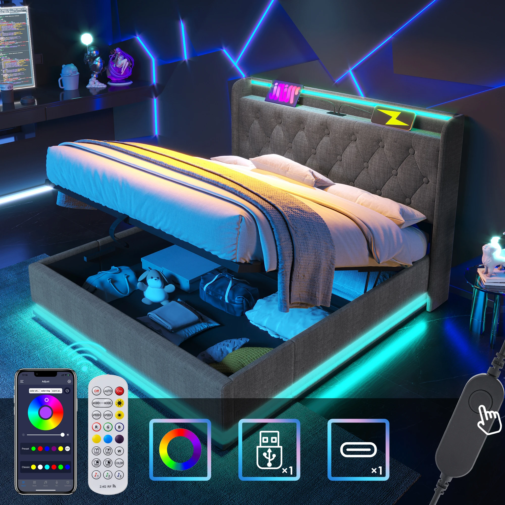 Cama doble acolchada de lino gris, LED 360 ° Modo de funcionamiento múltiple, almacenamiento hidráulico, recarga USB-C, estructura sin colchón