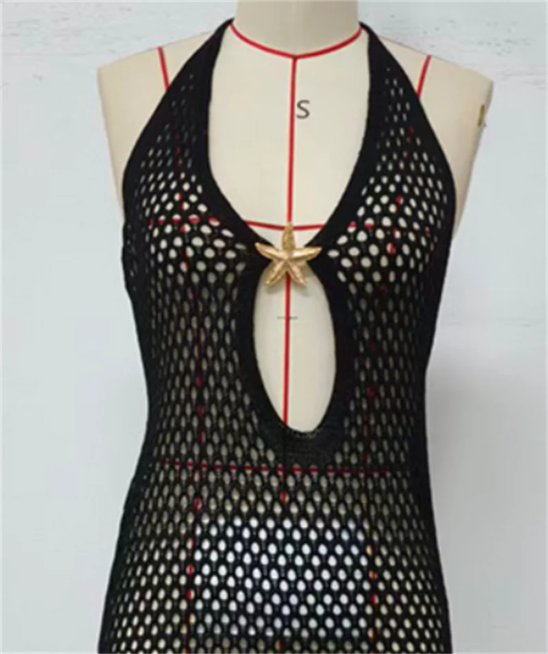 Sexy Halter-Backless Aushöhlen Strickkleid Frauen Seite Schlitz Strand Kleid Sheer Häkeln Bikini Cover-Up Badeanzug Weibliche bademode