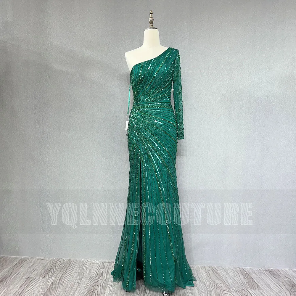 YQLNNE One Shoulder Long Sleeve Rhinestones Evening Dresses Emerald Green Tulle Beaded Slit Mermaid For Women Party Gown