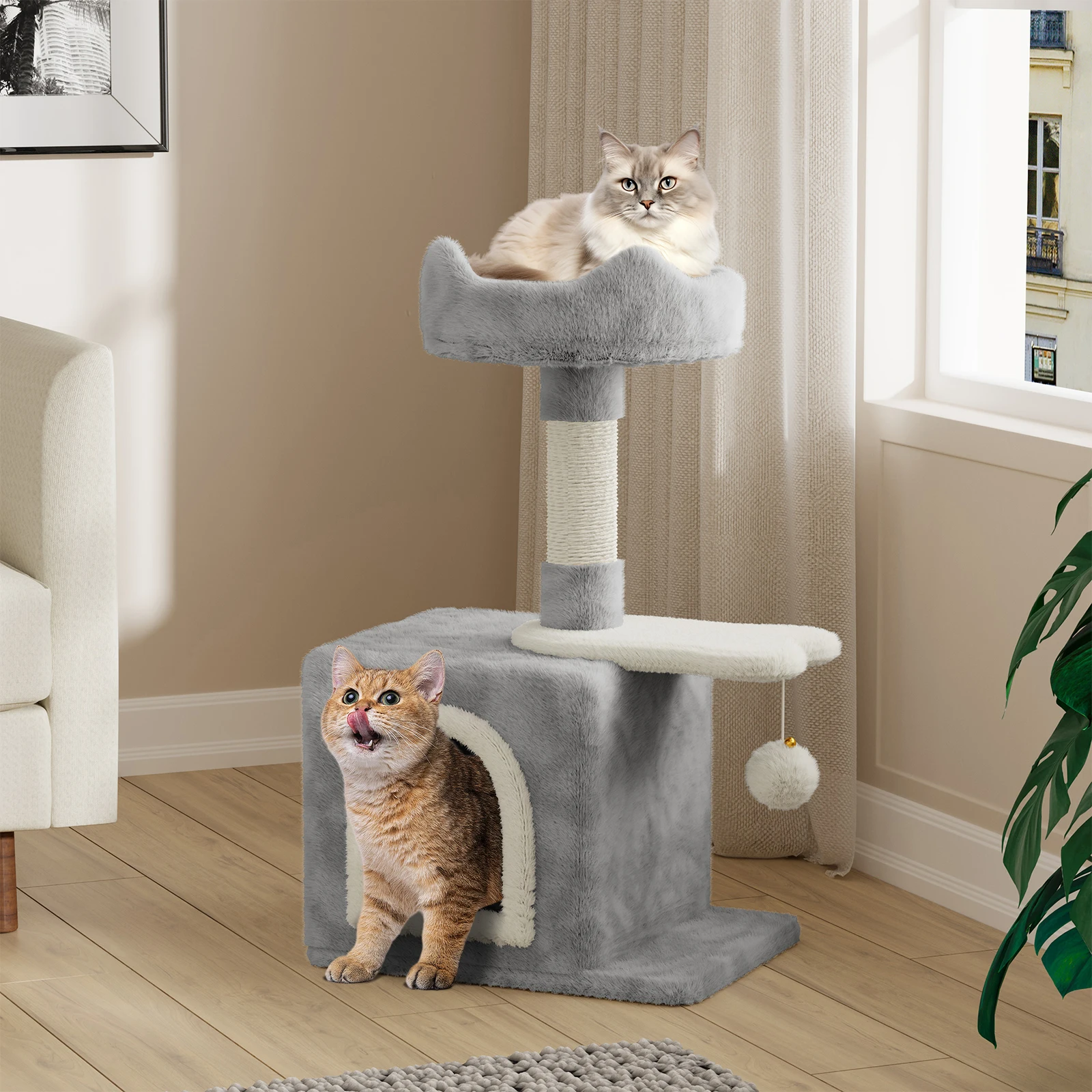Dogat, piccolo albero per gatti, struttura robusta con grotta per gatti, piattaforma per riposare, tiragraffi in sisal e pallina giocattolo da appendere, albero per gatti salvaspazio, ideale per