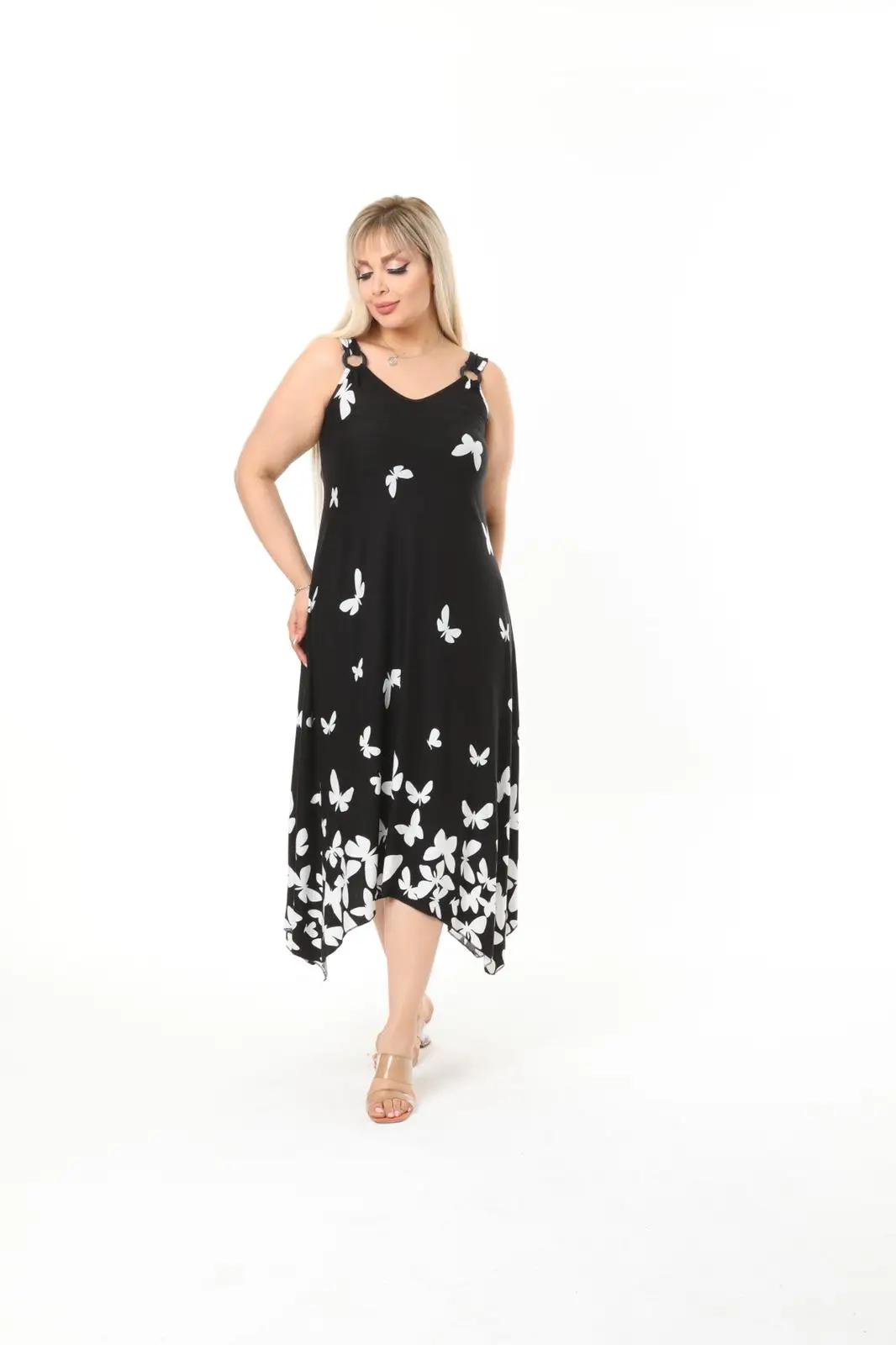 Diaves Women Plus Size Butterfly Pattern Asymmetric Skirt Sleeveless Knitted Viscose Lycra Causal Summer Dress Turkish Quality