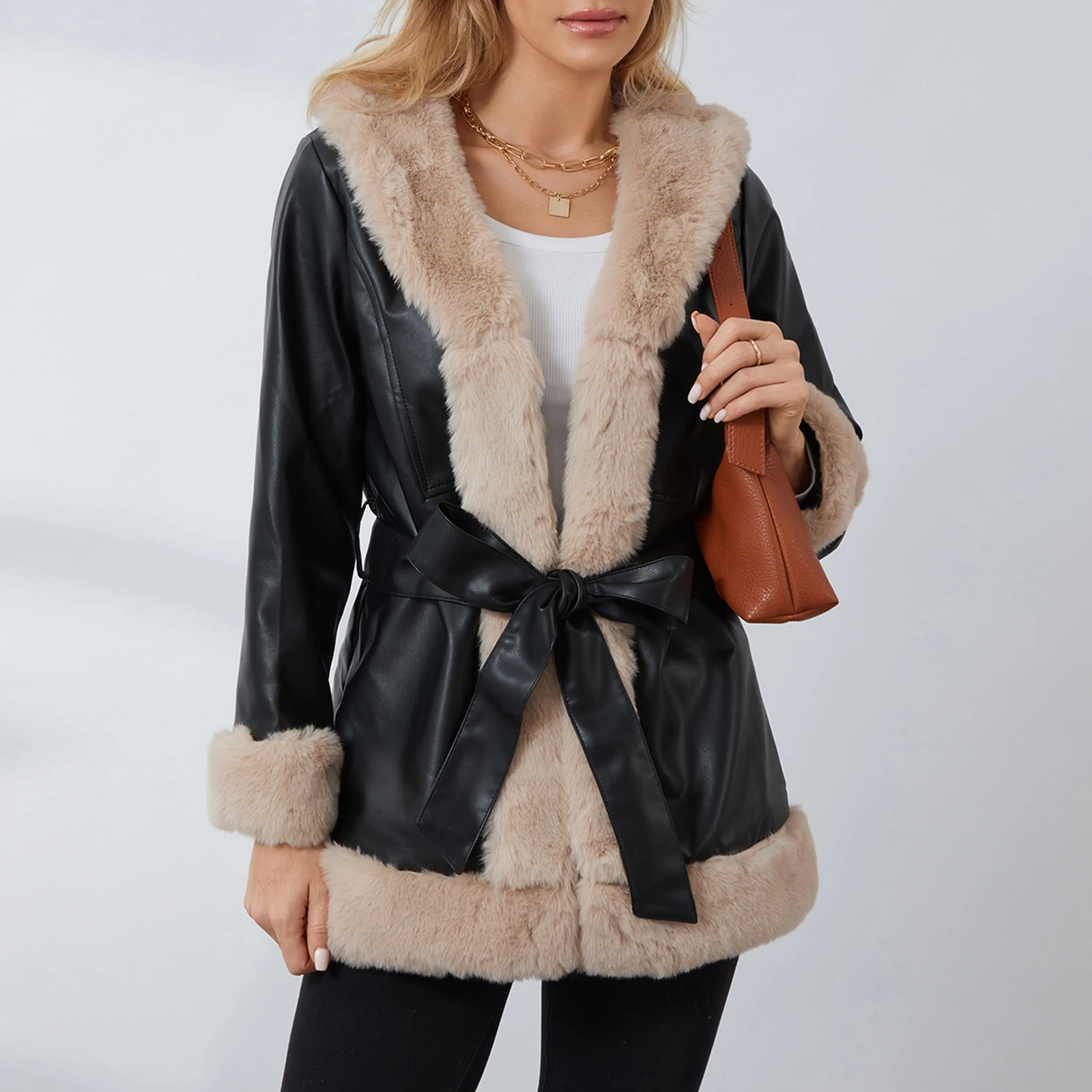 Dames leren open voorkant jas casual contrasterende kleur pluche kraag warm vest met riem uitloper streetwear