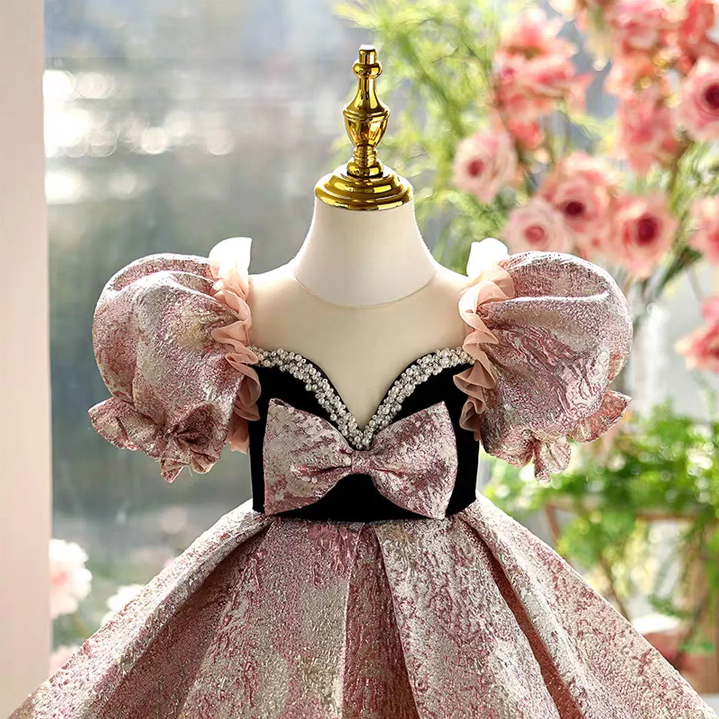 Jill Wish J467 Pink Flower Girl Dress Lace Beads Puffy Sleeve Princess Toddler Kids Wedding 1st Birthday Pageant Party Ball Gown
