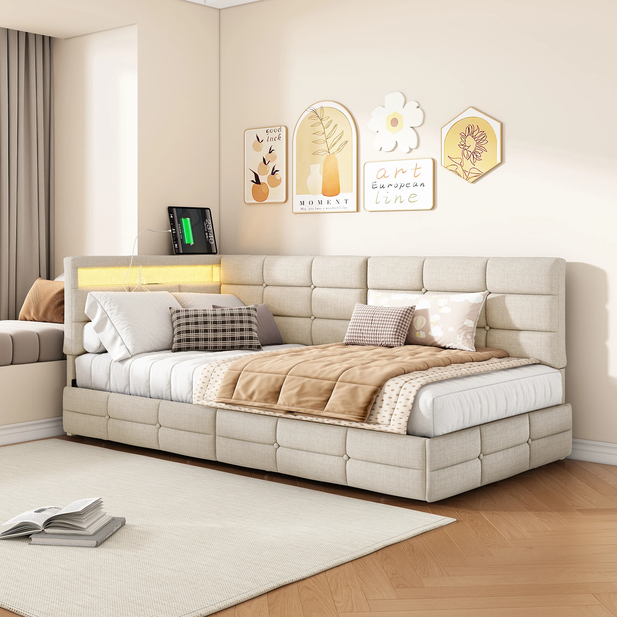 Anajqaqia Sofá Cama Tapizado de 90×200cm con 2 Cajones y Cabecero en Forma de L, Cama para Invitados con LED, Cama de Día para Dormitorio, Lino, Beige