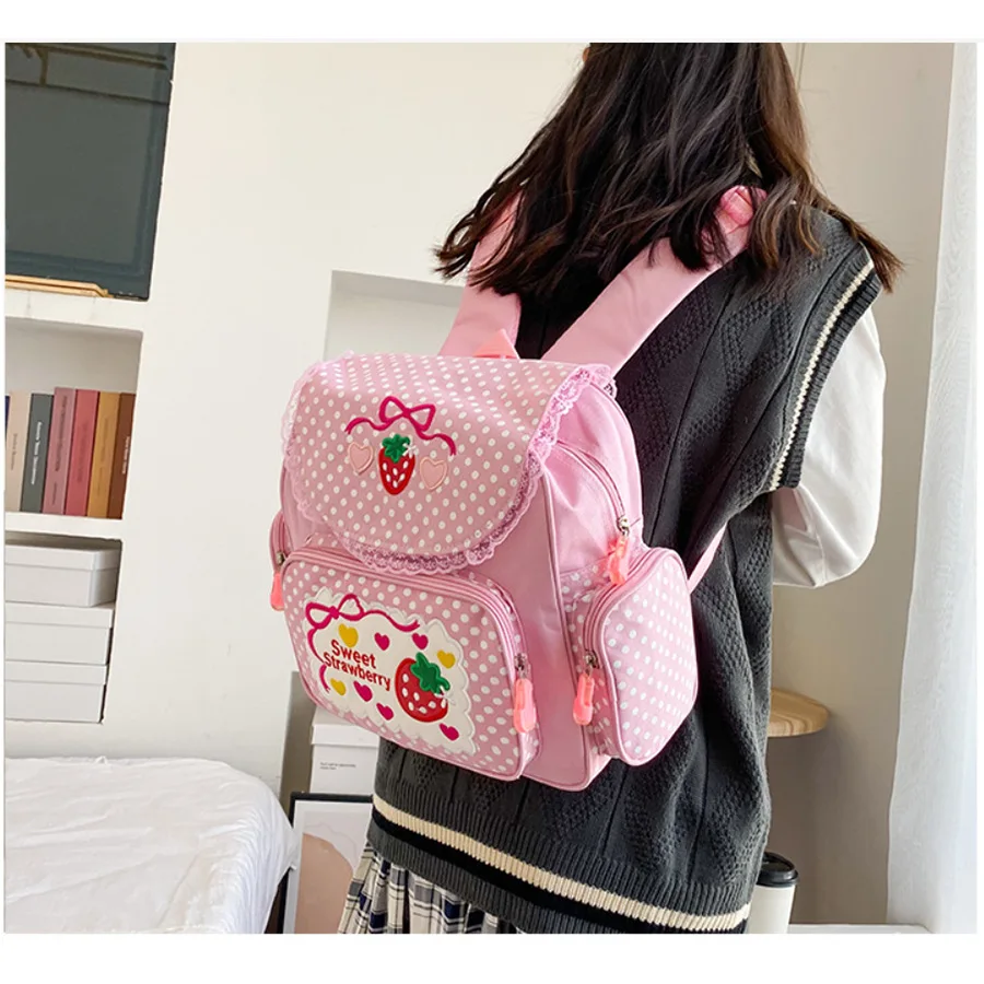 Pink Girl Embroidery Cute Strawberry Children\'s Schoolbag Student Gift Multi-Pocket Nylon Fashion College for Teenager Girl