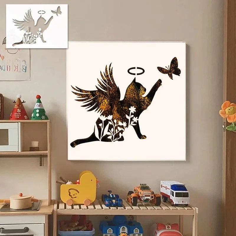 YOMDID 1szt Anioł Kot Kwiat Motyl Malowanie Wydrążony Szablon Wielokrotnego Użytku DIY Kot Zwierzęcy Wzór Ręcznie Robiona Dekoracja Szablon — zdjęcie 2