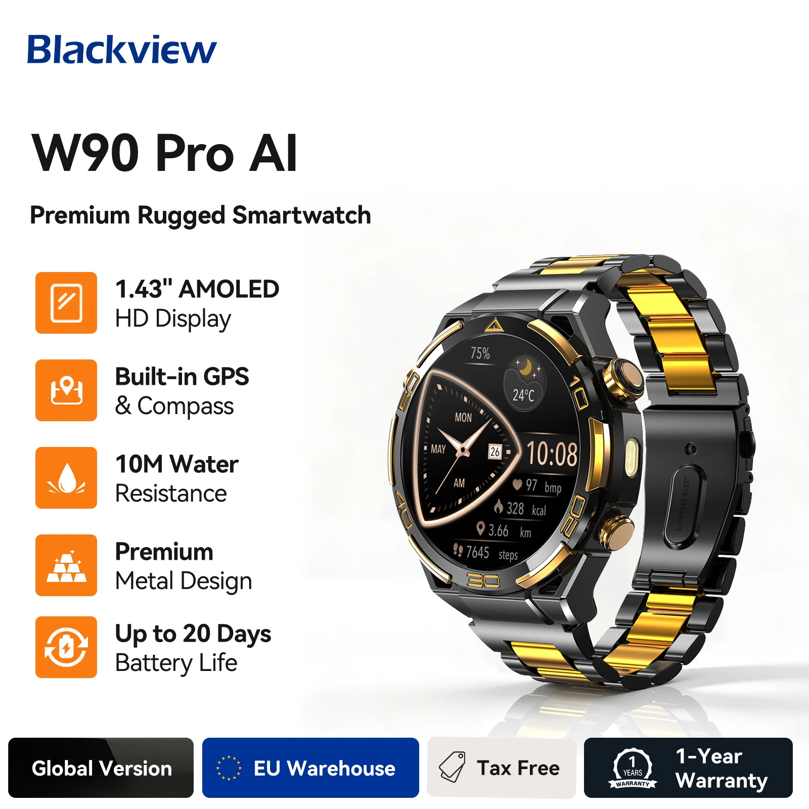 New Blackview W90 Pro GPS Smart Watch 1.43" HD AMOLED Display, 900mAh/ 20Days Standby Bluetooth Waterproof Sport Watch for Men