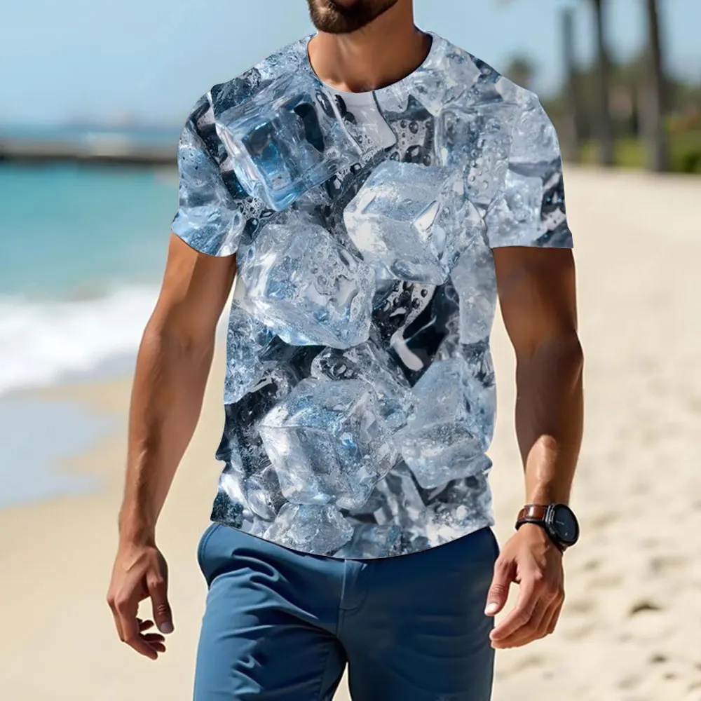 Refreshing Ice Cube 3d Print, Men's Summer Fashion Short Sleeves, Loose Breathable Round Neck Tops, Y2k Style Men's Clothing