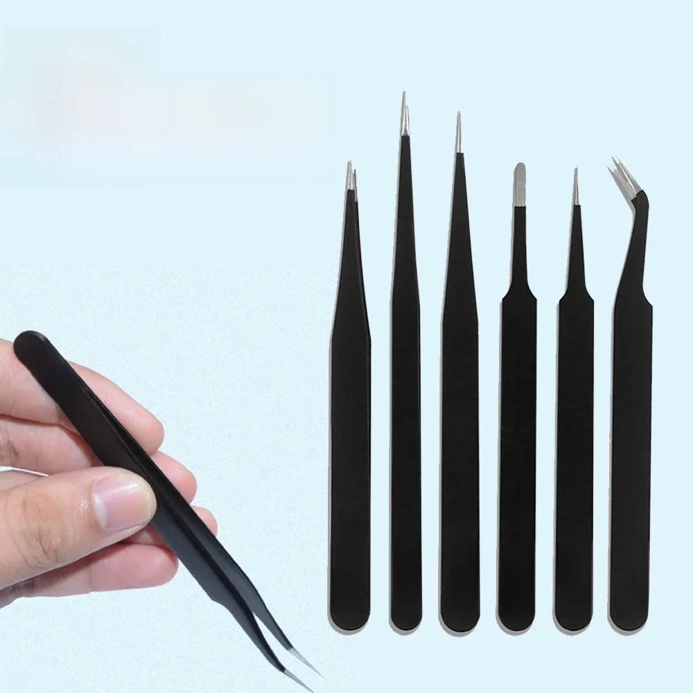 Jeu de pincettes de précision ESD antistatiques en acier inoxydable, outils de réparation pour la réparation électronique, outils artisanaux de soudage 6 pièces