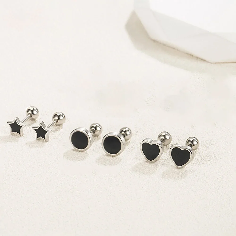 925 Sterling Silber schwarz Herz Stern runde kleine Ohr stecker für Frauen Luxus Schmuck Accessoires