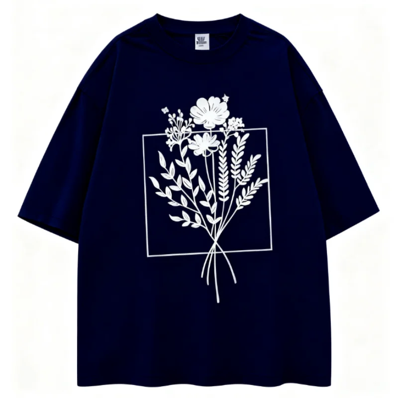 100% Pure Cotton Floral Line Art Black T Shirt Botanical Graphic Design Short Sleeve Top Fashion Casual Comfortable Cotton Tee