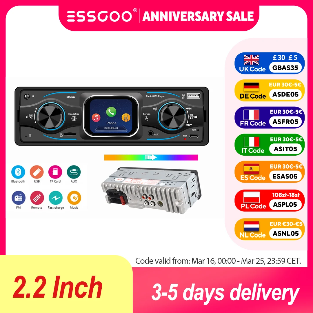 ESSGOO 2,2 Zoll TFT-Touchscreen 1DIN MP3 Autoradio Bluetooth 6.0 Freisprecheinrichtung 7 Beleuchtungsfarben FM USB AUX Typ-C 64G TF-Karte Musik