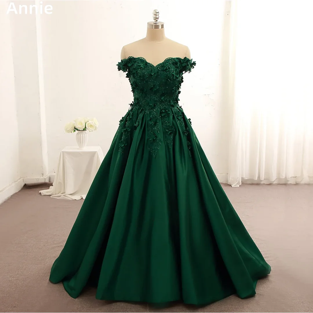 

Annie Glitter 3D Embroidery Prom Dresses Green Off-the-shoulder Satin Evening Dresses Elegant Lady Party Dresses فساتين سهرة