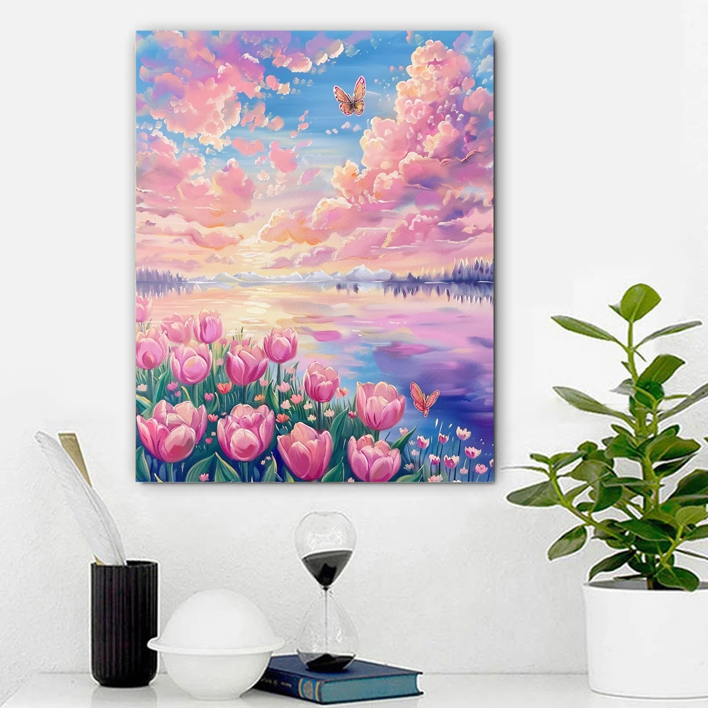 YIJIE Paint by Numbers Fantasy Pink Tulip Field DIY Hand Painted Painting Canvas Coloring Unique Surprise Gift Home Decor