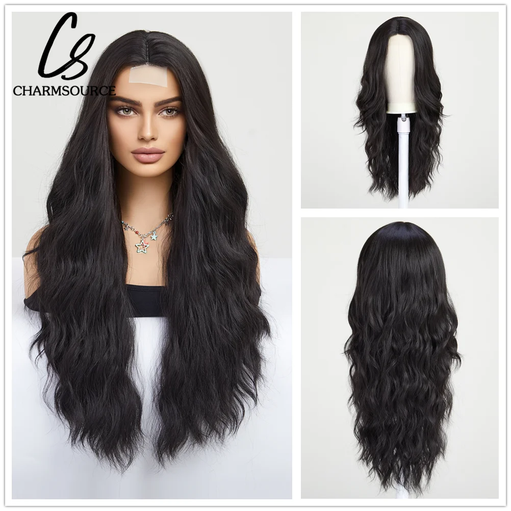 

CharmSource Hairline Lace Wigs Black Lace Synthetic Long Wavy Wigs for Women Cosplay High Density Hair Wig