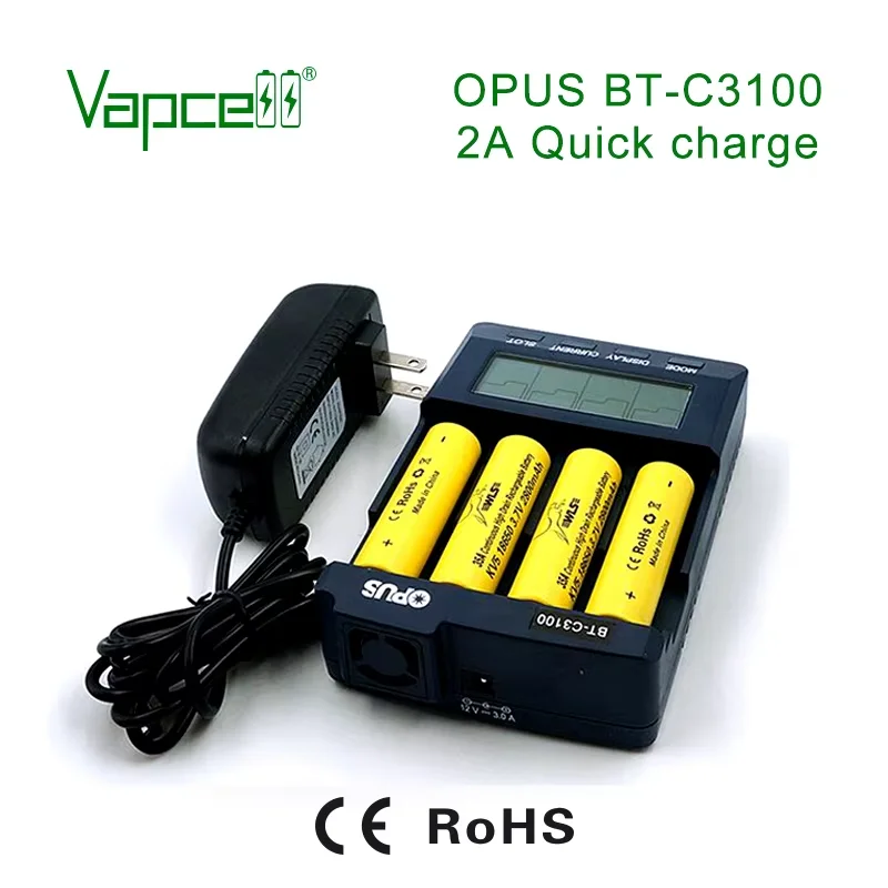 شاحن بطارية أصلي 100% OPUS BT-C3100 ذو 4 فتحات مع نوع 26650، 25500، 26700، 18650، 16340 يمكن اختبار القدرة