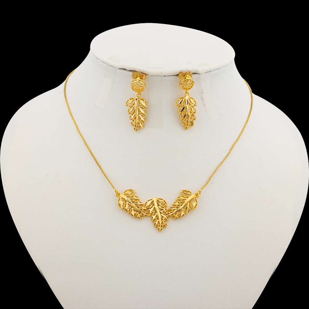 Gold Color Jewelry Sets Cute Necklace Earrings Flower Leaf Star Pendant Exquisite Link Chain Ear Stud Romantic Lover Gift Party