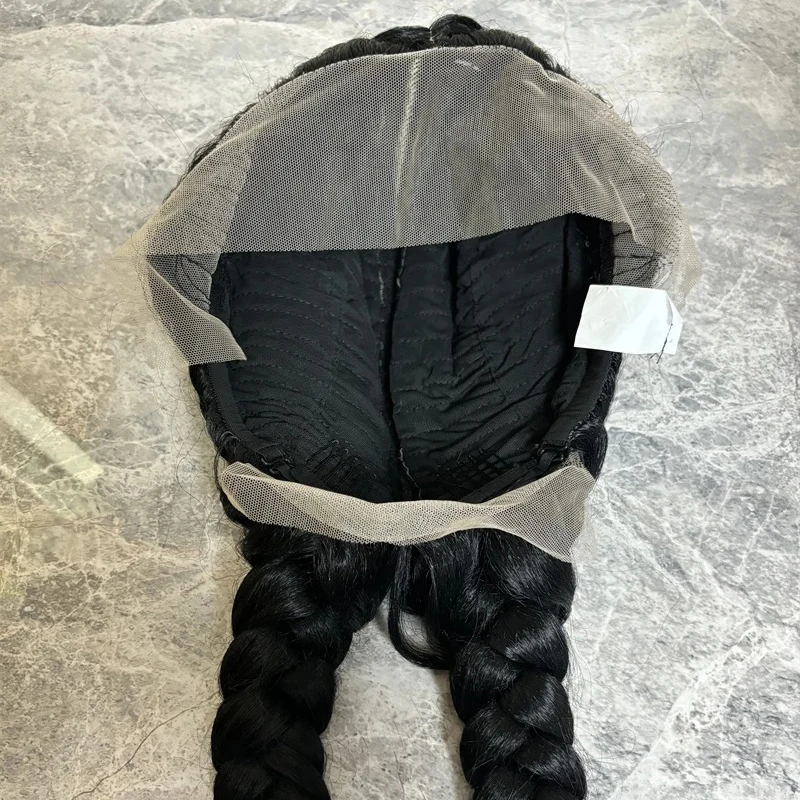 Pelucas trenzadas de giro negro para mujer, cabello largo trenzado ligero, rayita realista, trenzas holandesas, peluca sintética con malla frontal