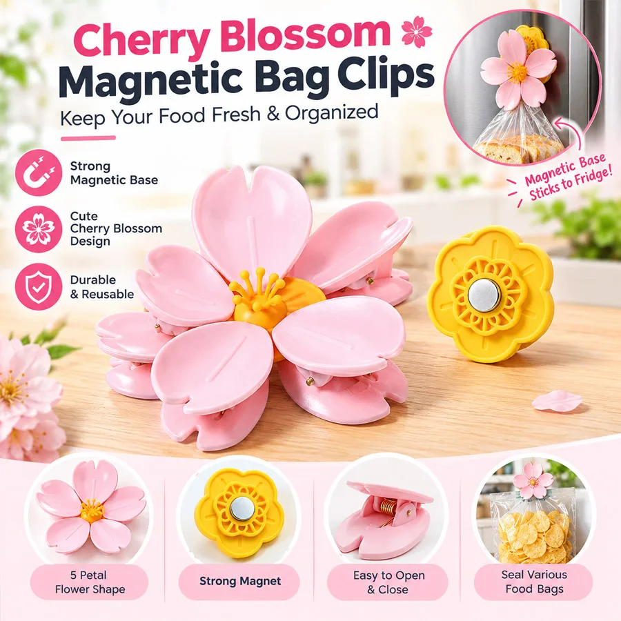Kitchen Fridge Magnet Snack Bag Sealer, 5-Petal Sakura Magnetic Food Clips with 3D Storage Base
