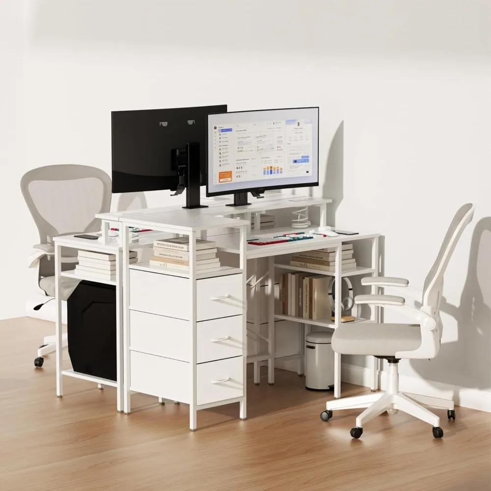 

47 Inch L-Shaped Computer Desk, Small Computer Gaming Desk with Fabric Drawers & Storage Shelves