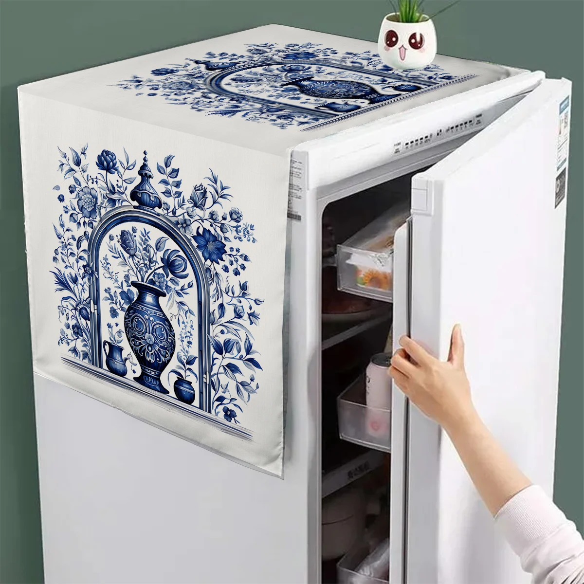 Blue White Floral Vase Retro Design Refrigerator Dust Cover Washable Printing Washing Machine Cabinet Dust Protection Cover