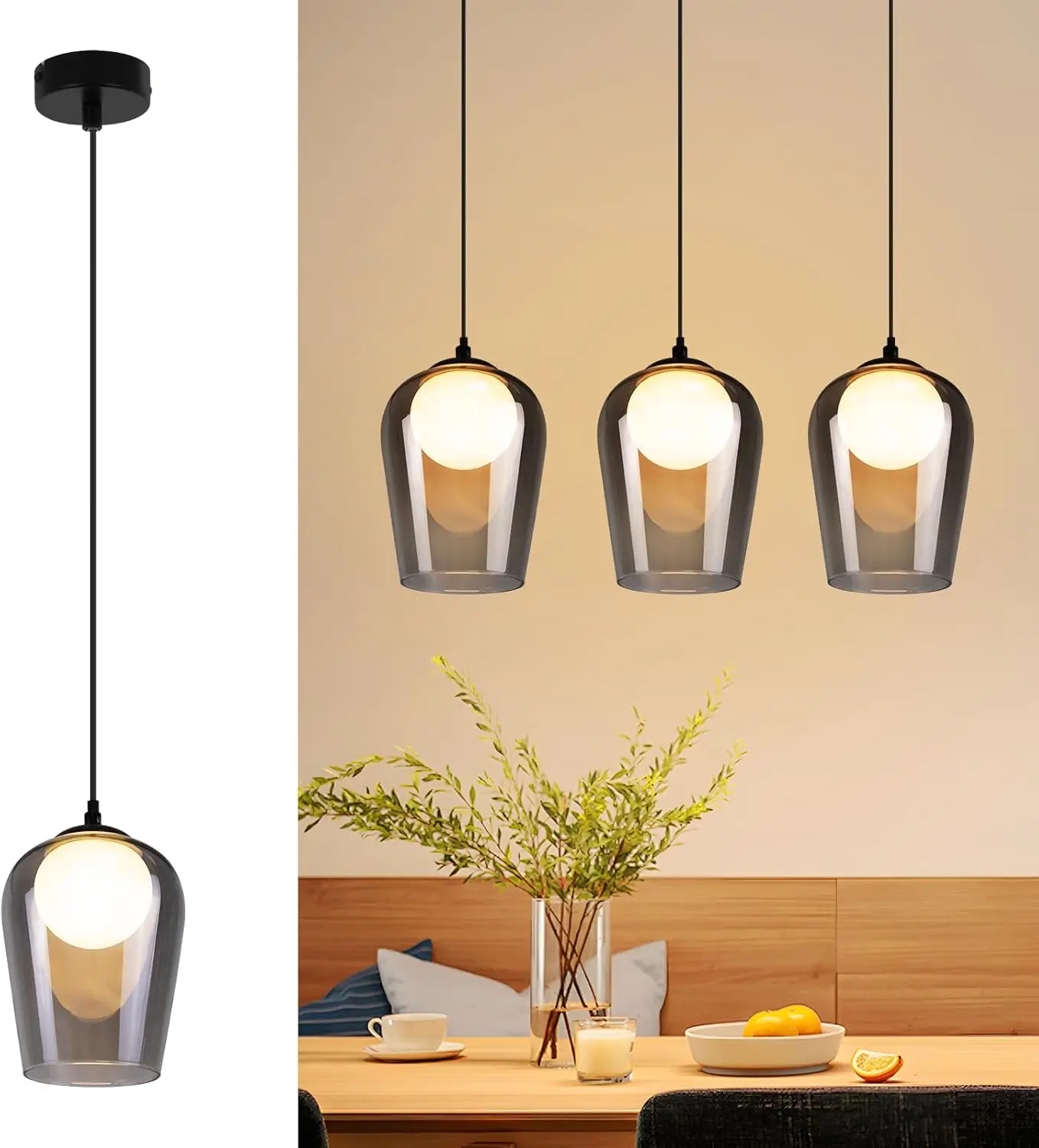 Hängelampe Esstisch Pendelleuchte Vintage - Glas Hängeleuchte 1 Flammig G9 Retro Esstischlampe Hängend Schwarz Pendellampe Höhenverstellbar für Schlafzimmer Wohnzimmer (ohne Leuchtmittel)