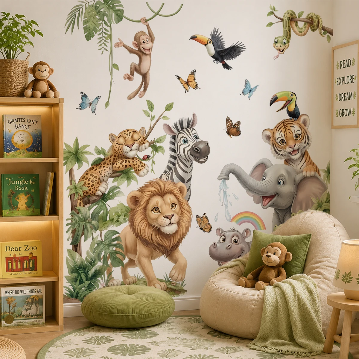 Cartoon Jungle Animal Wall Stickers Safari Lion Elephant Tiger Decal Removable PVC Nursery Mural Wallpaper Home Decor
