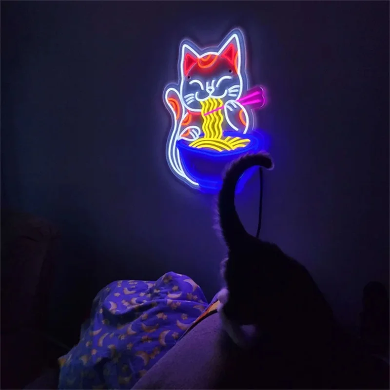 Fortune Cat Ramen neon sign ,Ramen Japanese Noodles LED neon sign custom neon Ramen light Anime Neon wall room store Decor