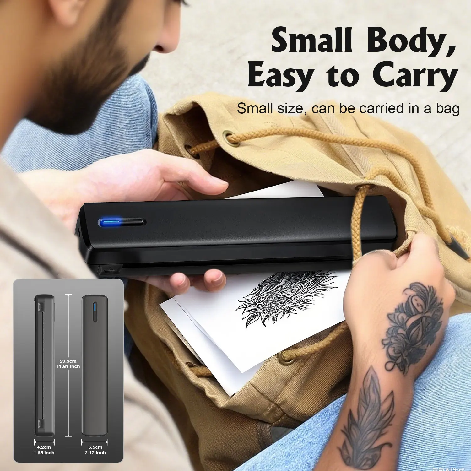 Stampante termica portatile A4, stampante per tatuaggi, batteria ricaricabile da 1500 mAh, connettività wireless e connettività APP.