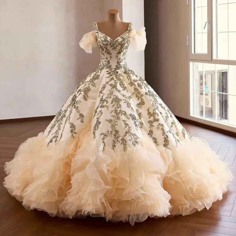 

Luxurious Evening Dresses 2026 Tank Lace Up Back Champagne Golden sequins beading Back Ball Gown Prom Dress