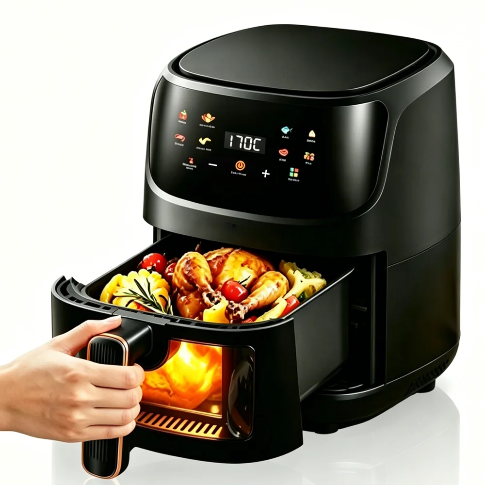 Freidora de Aire de 5L, Horno Eléctrico 8 en 1 con Pantalla LED Digital y Ventana Visible 360 ℃   Freidora sin aceite Heat 2400W, nueva, negra