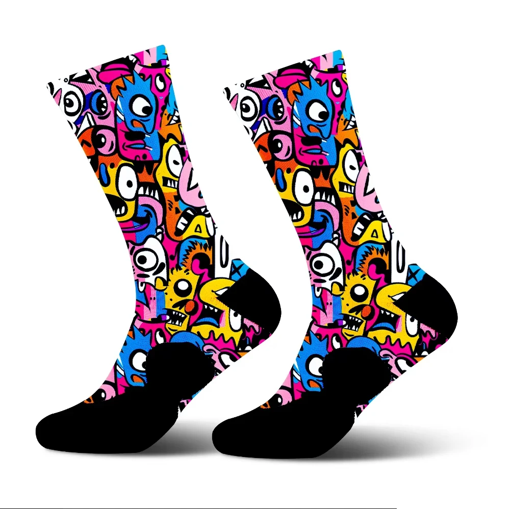 

Men Women Cycling Socks Colorful Cartoon Graffiti Prints Mid - Calf Breathable Sports Socks for Bike Riding Outdoor Activities