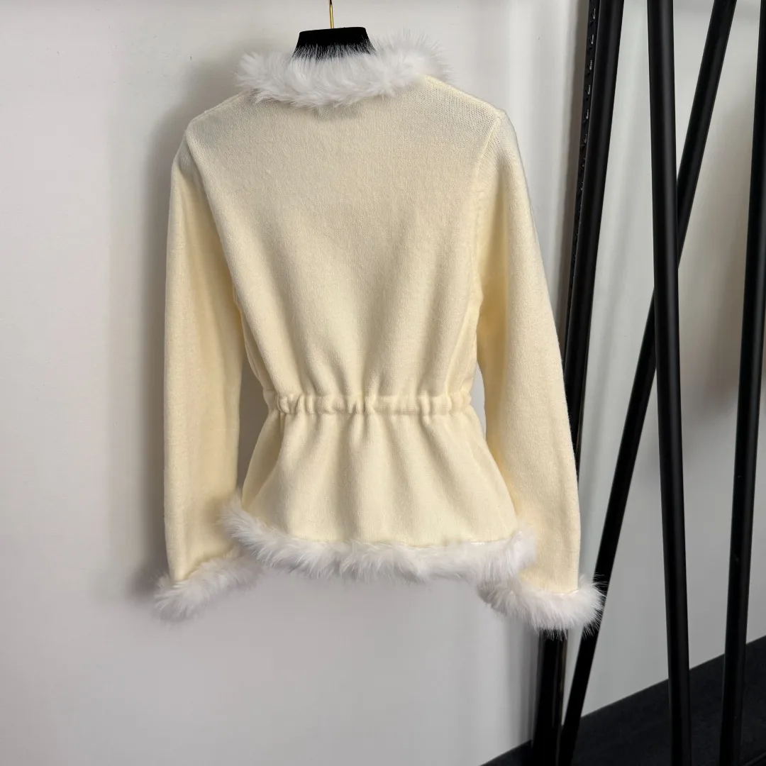 

2025 New Women's One Size Long-Sleeved Knit Cardigan with Fur Collar Trim and Tie Waist - A Must-Have for Autumn and Winter