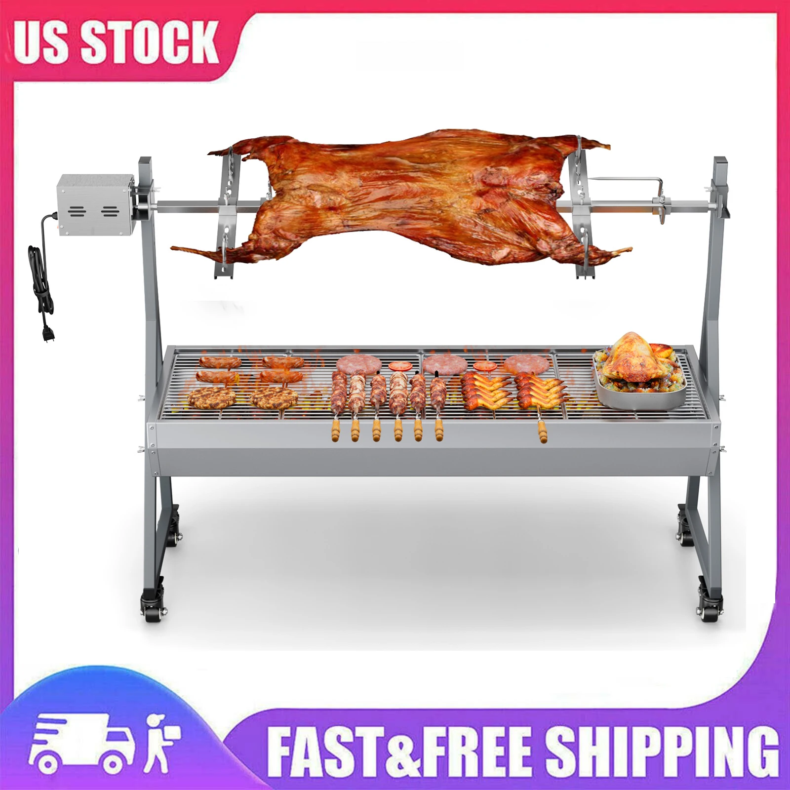 

176 LBS Rotisserie Grill Roaster 25W Motor Small Lamb Hog Pig Rotisserie Spit Rotisserie Stainless Steel Charcoal Roaster Grill