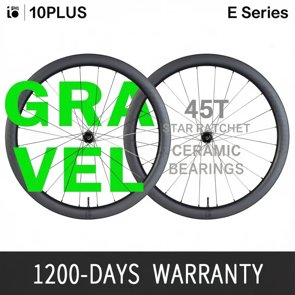 Zestaw kół karbonowych 10PLUS E Series 700C Gravel z hamulcami obręczowymi, ulepszone na tarczowe, z mocowaniem Center Lock, mechanizmem zapadkowym 45T Star Ratchet, kompatybilne z oponami — 2