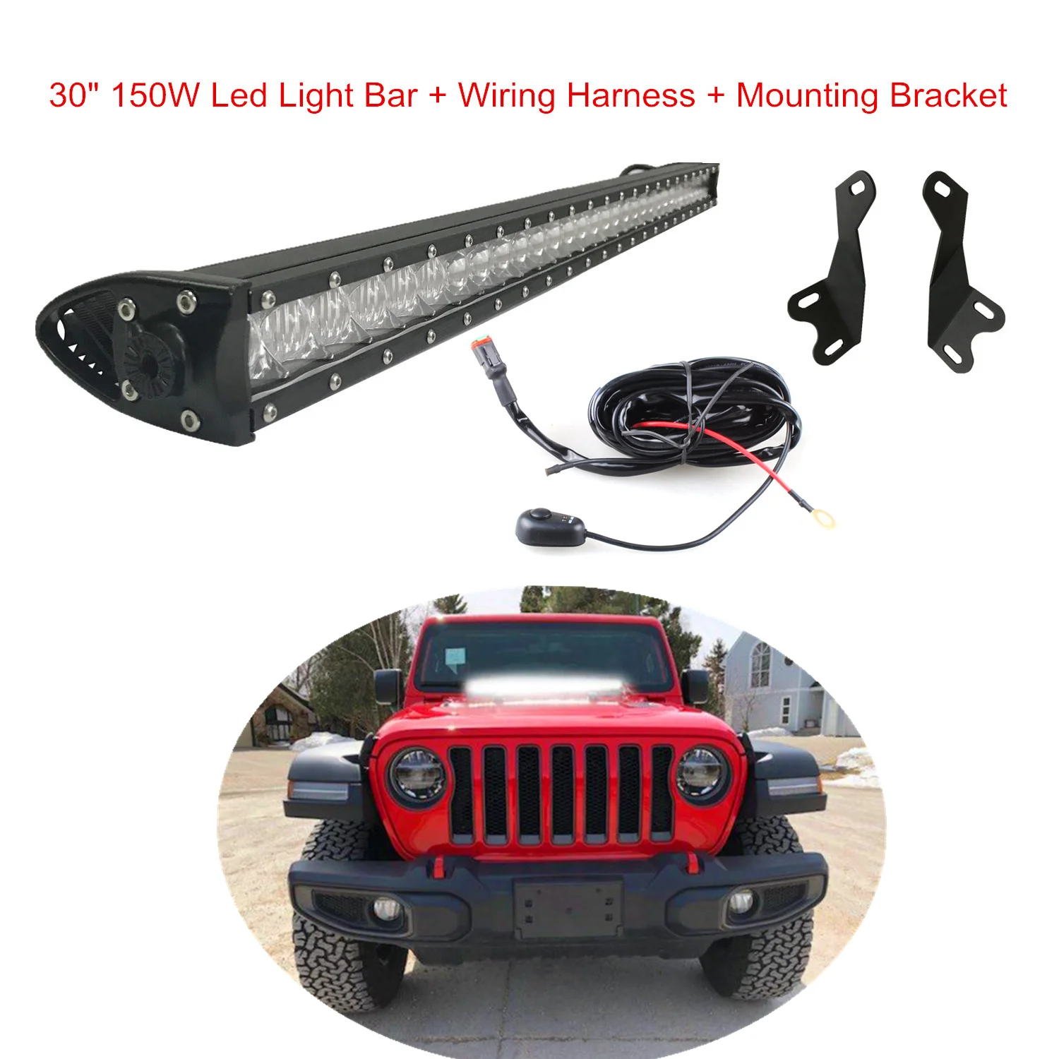 SXMA JL1007 LED Light Bar 30 inch 150W w/Front Hood Top Bracket Wiring LED Worklight Aluminum Alloy for Jeep Wrangler JL 2018+