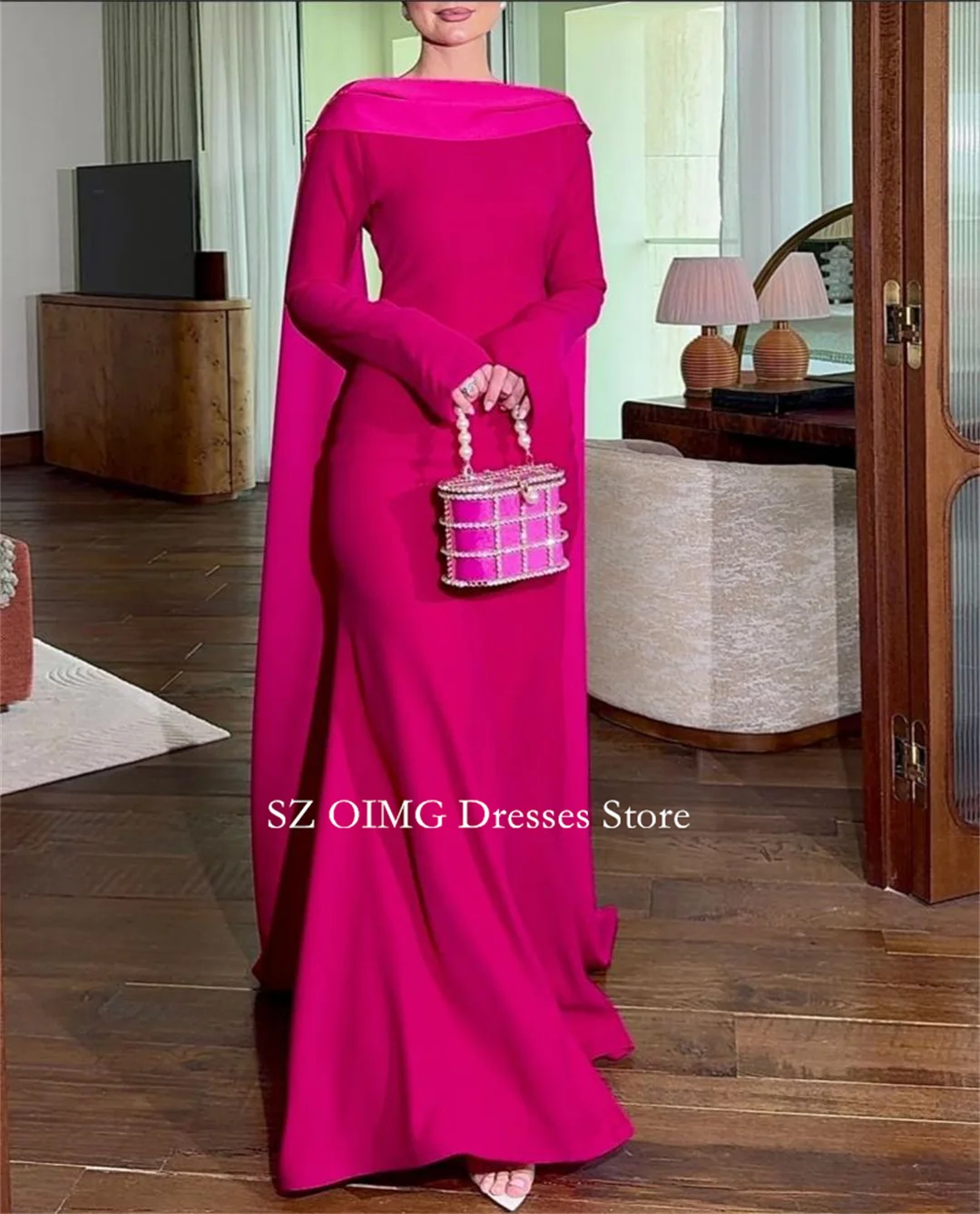 OIMG Dubai Mordern Customized Prom Dresses Pearls  Evening Dress Fuchsia Satin Women Evening Gowns Formal Slit Party Dress