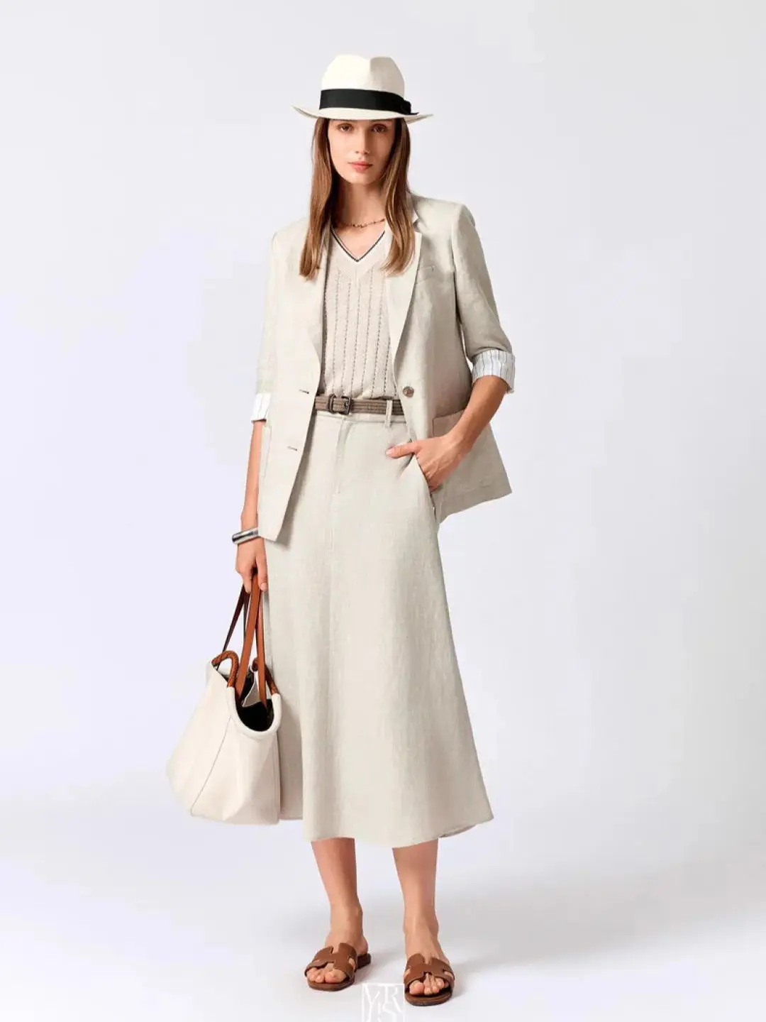

Autumn elegant office minimal natural 100% linen skirt suit
