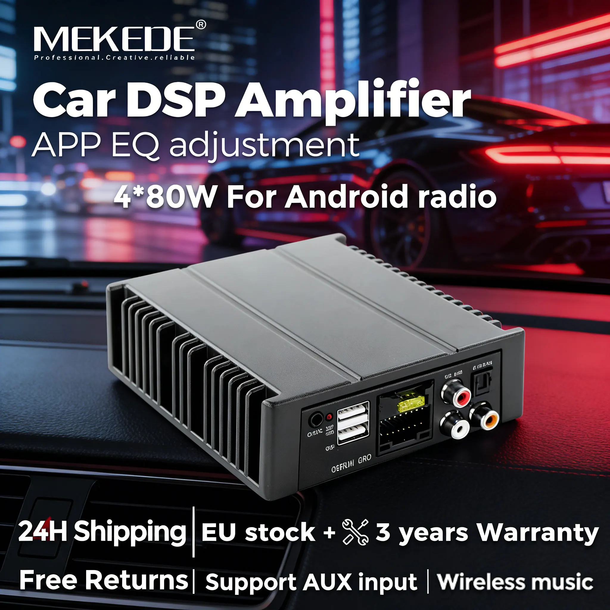 MEKEDE 4*80W Auto-DSP-Verstärker mit APP-EQ-Anpassung für Android-Radio, unterstützt USB-Musik, RCA- und AUX-Eingang, 12V, 16PIN-Kabel