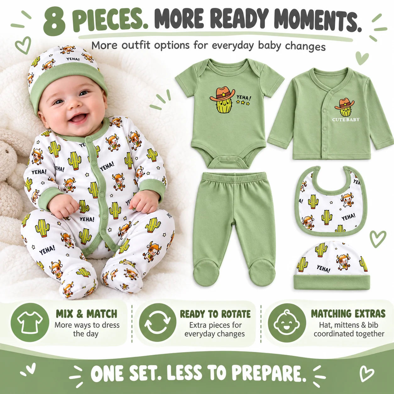 8Pcs Newborn Baby Clothes Set 0-6M Cactus Cowboy Print Romper Bodysuit Infant Boys Girls Outfit Gift Set