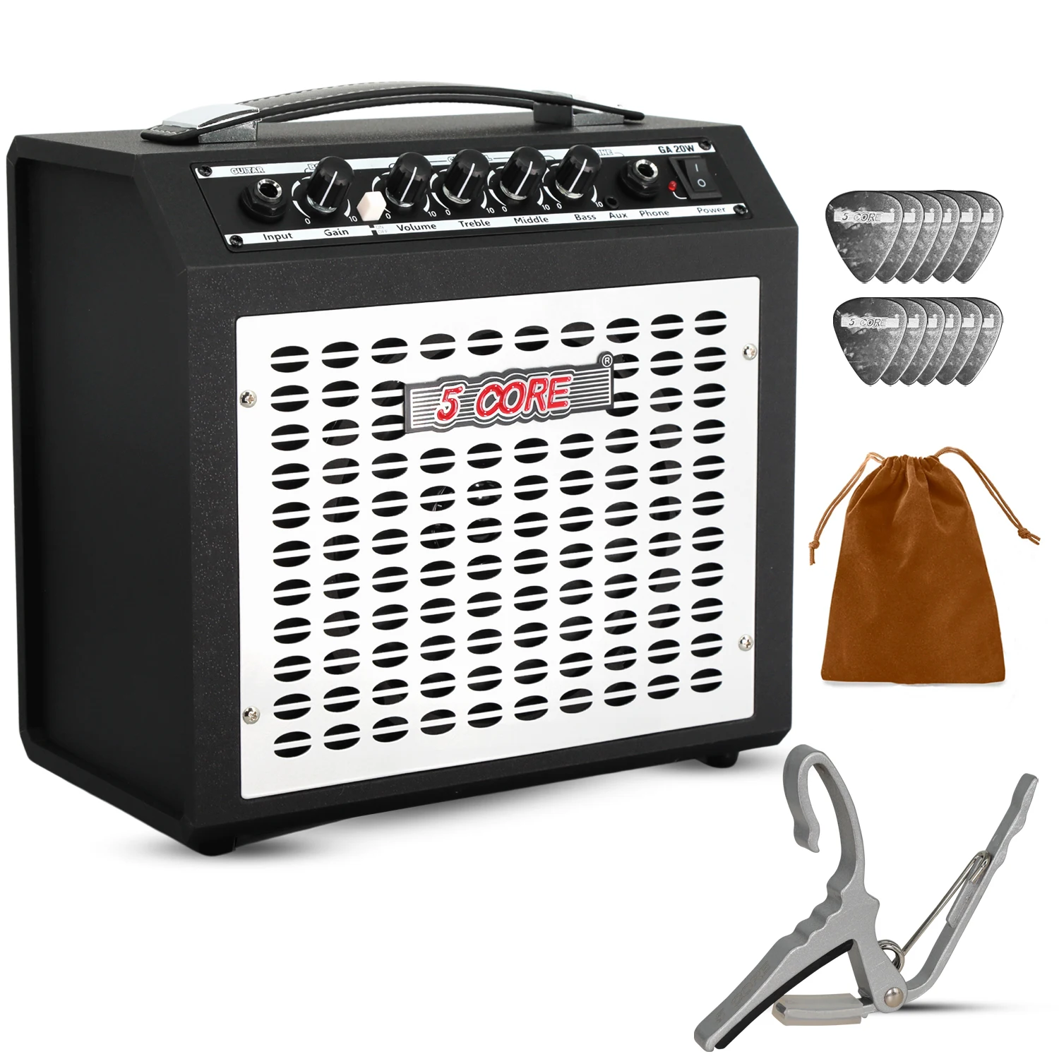 

5 Core Guitar Amp 20W Electric Portable Mini Amplifier w Built in 6.5" Speaker Aux Headphone Jack GA 20W BLK-WH
