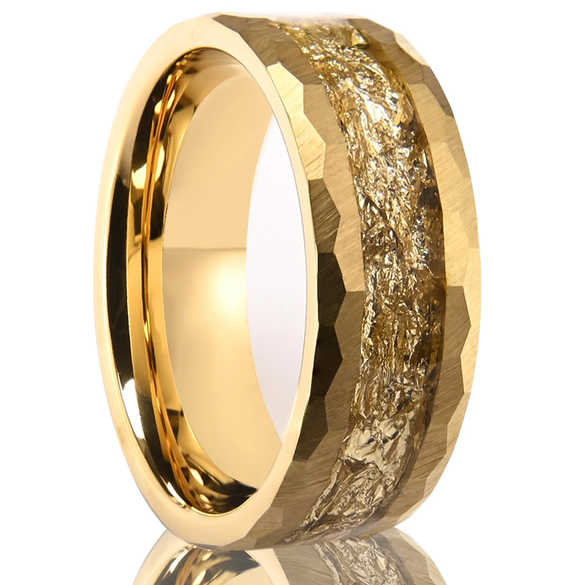 

Golden 8MM tungsten carbide bands inlaid with golden foil, hand hammered, luxury jewelry, men's wedding rings, anniversary gift,