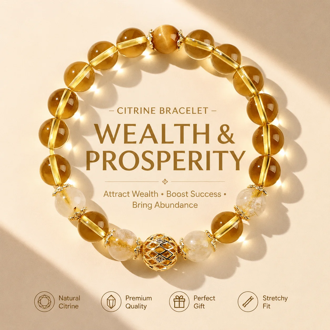 Bohemian Tiger's Eye & Citrine Beaded Bracelet, Hollowed Wealth Beads, Handmade Elastic, Skin-Friendly Daily Wear