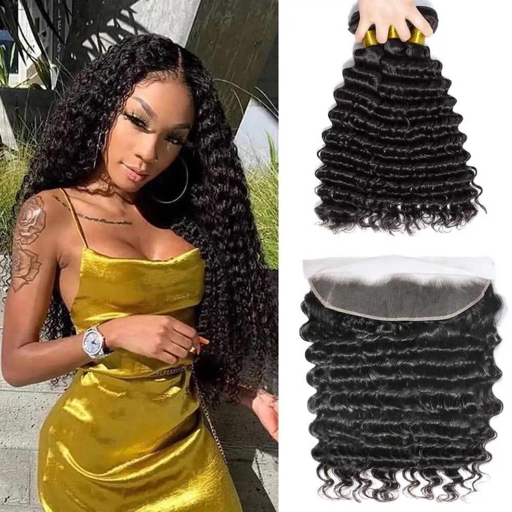 Deep Wave Bundles With Frontal Brazilian Virgin Human Hair Extensions Natural Color 3 Bundles With 13x4 Lace Frontal Deep Curly