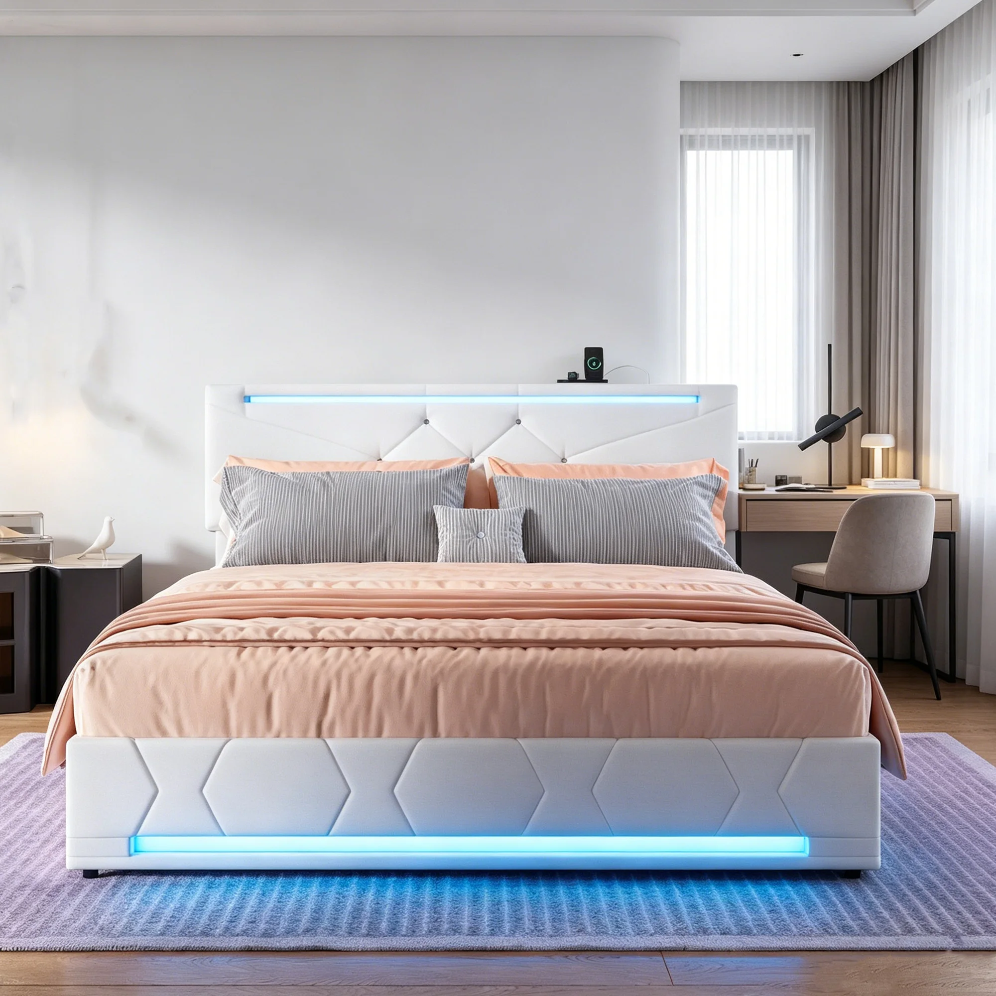 Cama Tapizada Superaly 160x200cm, Cama LED con Almacenamiento Hidráulico, Cabecero Ajustable, Cama Doble Acolchada, Estructura de Cama, Lino, Beige