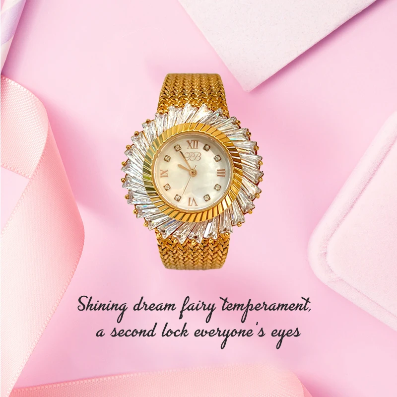 Princess Butterfly Luxury Gold Plated Stainless Steel Women Quartz Watch Zirconia Mother of Pearl Dial Jewelry Wristwatch