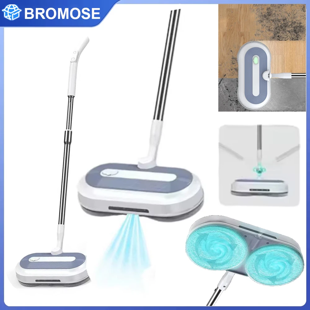 Mopa Eléctrica Inalámbrica de Lujo Bromose, 2000mAh, Mopa con Pulverizador, Limpiador de Pisos Giratorio con Luz LED