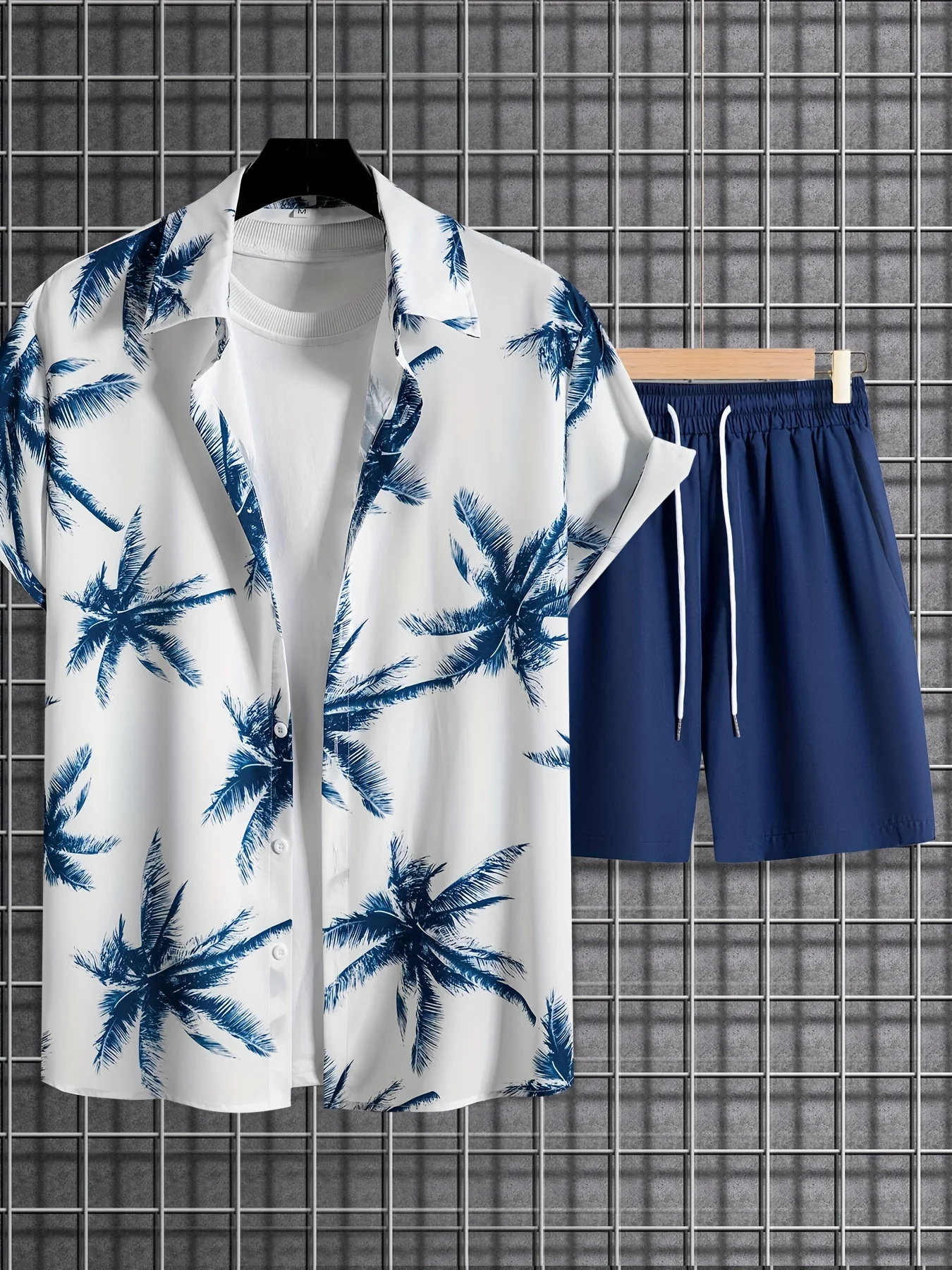 Men's Fashionable Summer Vacation Wear Short-Sleeved Shirt Shorts 2-Piece Suit Palm Tree Print Lapel Shirt Shorts Clothing Summe