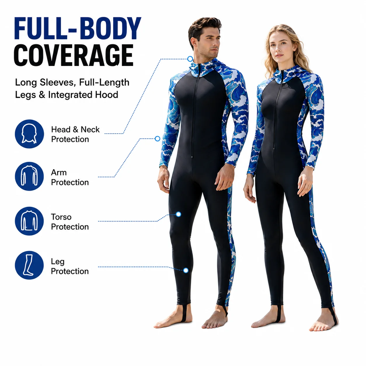 SBART Men Women Hooded Full Body Rash Guard Front Zip Dive Skin Stinger Suit for Swimming Snorkeling Surfing
