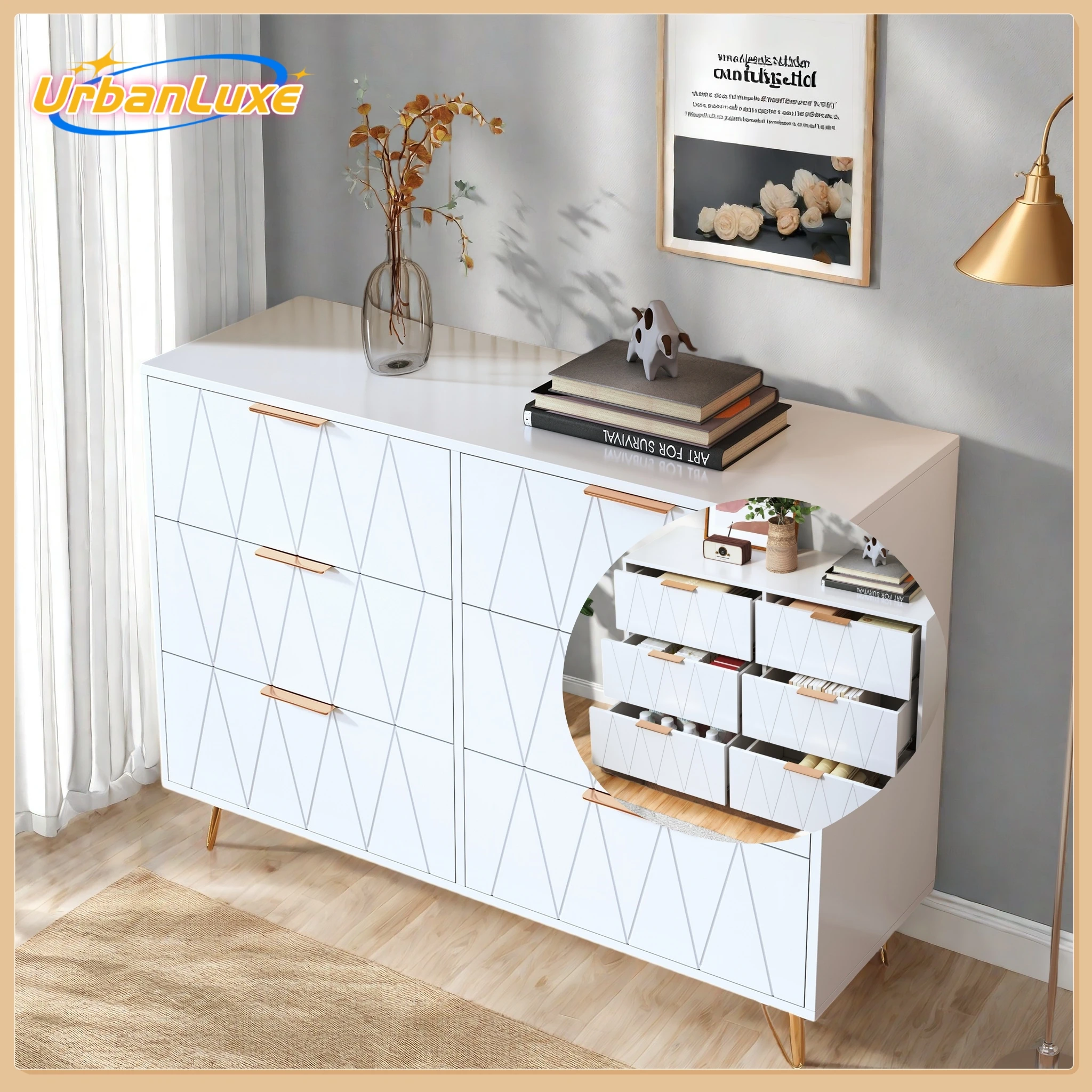 UrbanLuxe Armadio a 6 cassetti Cassettiera moderna e leggera in stile lusso, armadio portaoggetti, cassettiera bianca